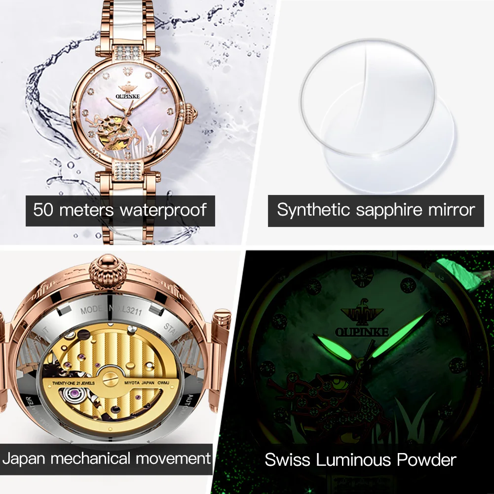 OUPINKE Luxury Mechanical Watch for Women Sapphire Crystal Mirror 5Bar Deep Waterproof Women Watch Ceramic Strap Tungsten Steel enlarge