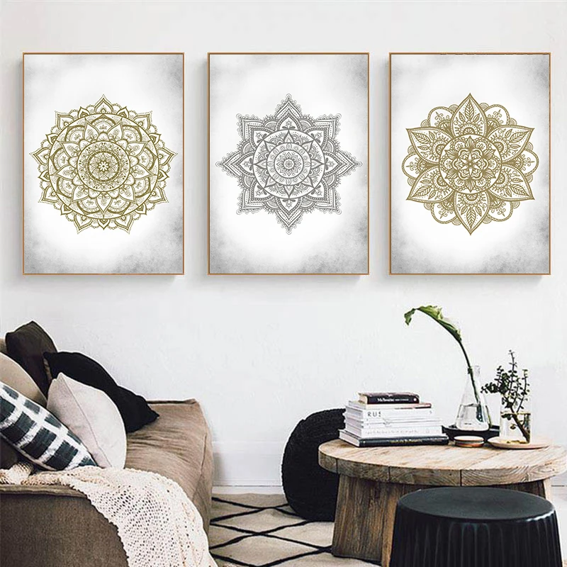 

Boho Wall Art Gold Mandala Canvas Posters Floral Painting on The Wall Yoga Spa Bohemian Home Decorations Pictures