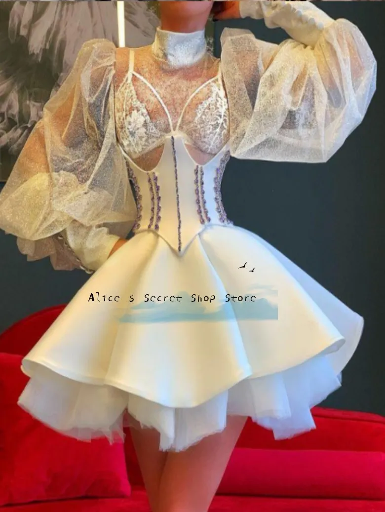 

Elegance Tulle Dress High Neck Short Puffy Prom Dresses Puffy Sleeve Arabic Formal Party For Women/Bespoke Dress