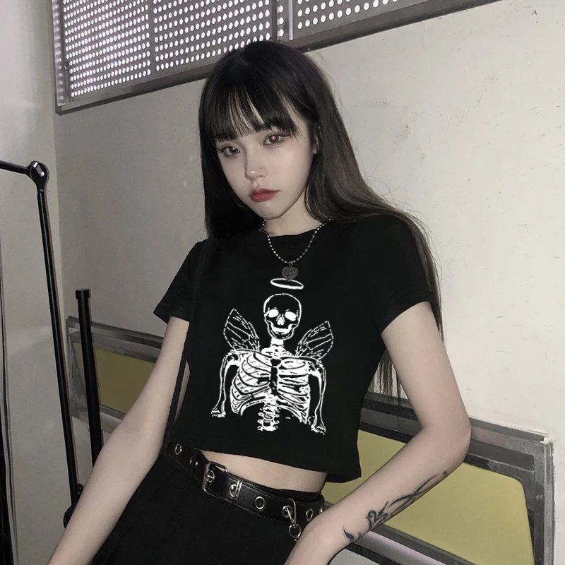 

Женская футболка с принтом в виде готического скелета, Милая Короткая рубашка в стиле Харадзюку, уличная одежда в стиле хип-хоп, Короткие то...