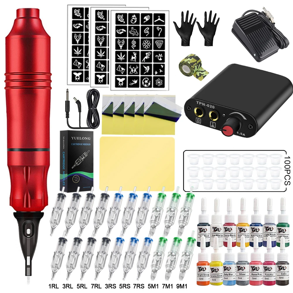 

Набор ручек для тату, блок питания, роторный пистолет с картриджами, иглы, Перманентный макияж, машина для тату, набор для начинающих