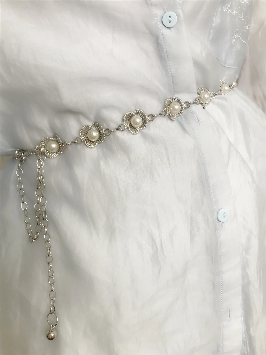 Elegant Luxury Designer Metal Chain Pearl Belts for Women Decoration Dresses Hip Hop Waistband Accessories Female Straps
