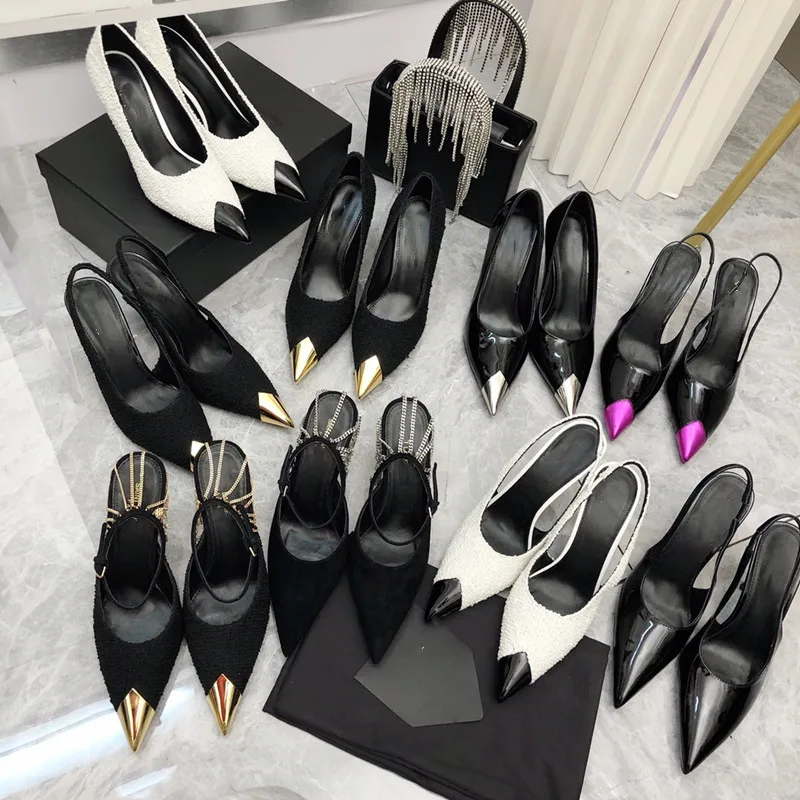 Women's High Heel Sandals 2023 Spring and Autumn New Metal Fashion Banquet Pointed Thin Heel Sexy Muller Shoes