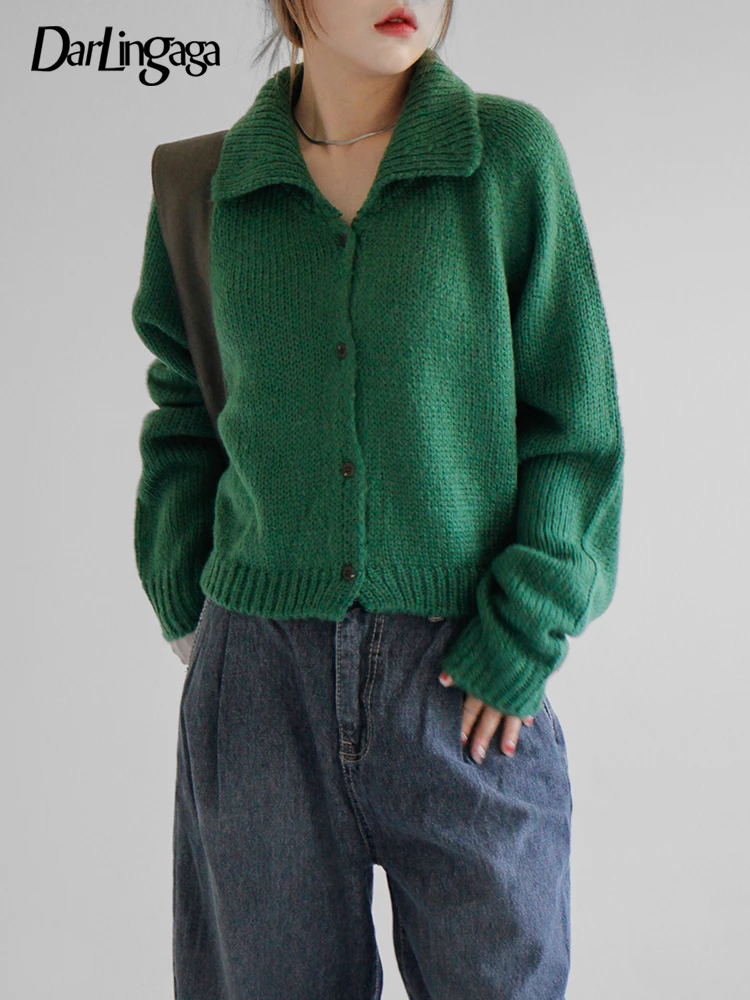

Darlingaga Korean Fashion Green Autumn Winter Cardigan for Women Buttons Up Knitted Sweaters Solid Casual Basic Jacket Knitwear