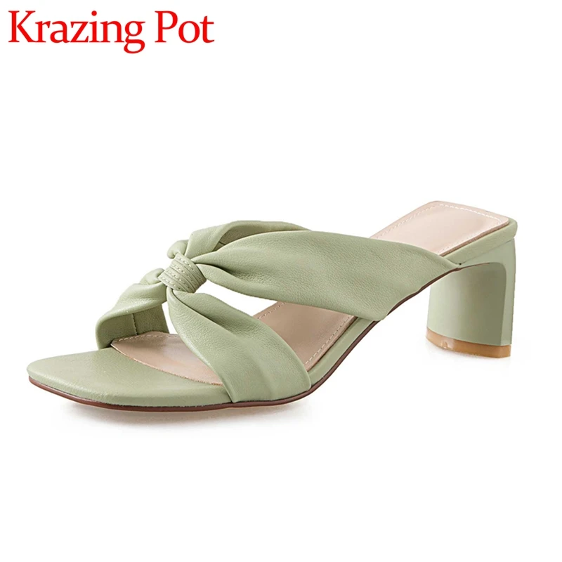 

Krazing Pot Microfiber Peep Toe High Heel Pleated Mules Young Lady Streetwear Fashion Solid Cozy Soft Outside Women Sandals L18