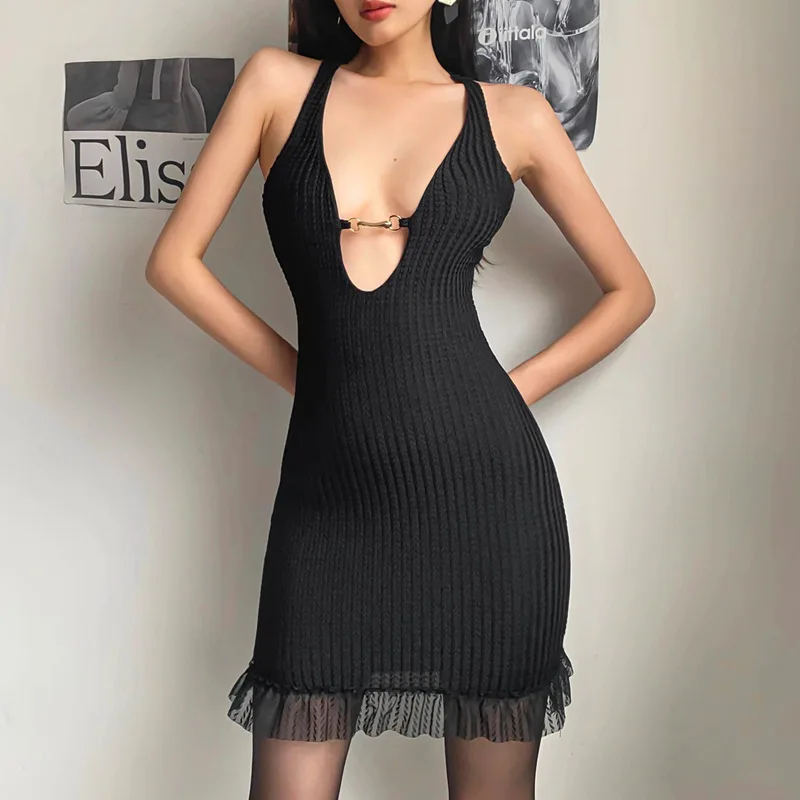 

2023 Summer New Sexy Pure Style Deep V Lace Lace Metal Splice Hip Wrap Dress