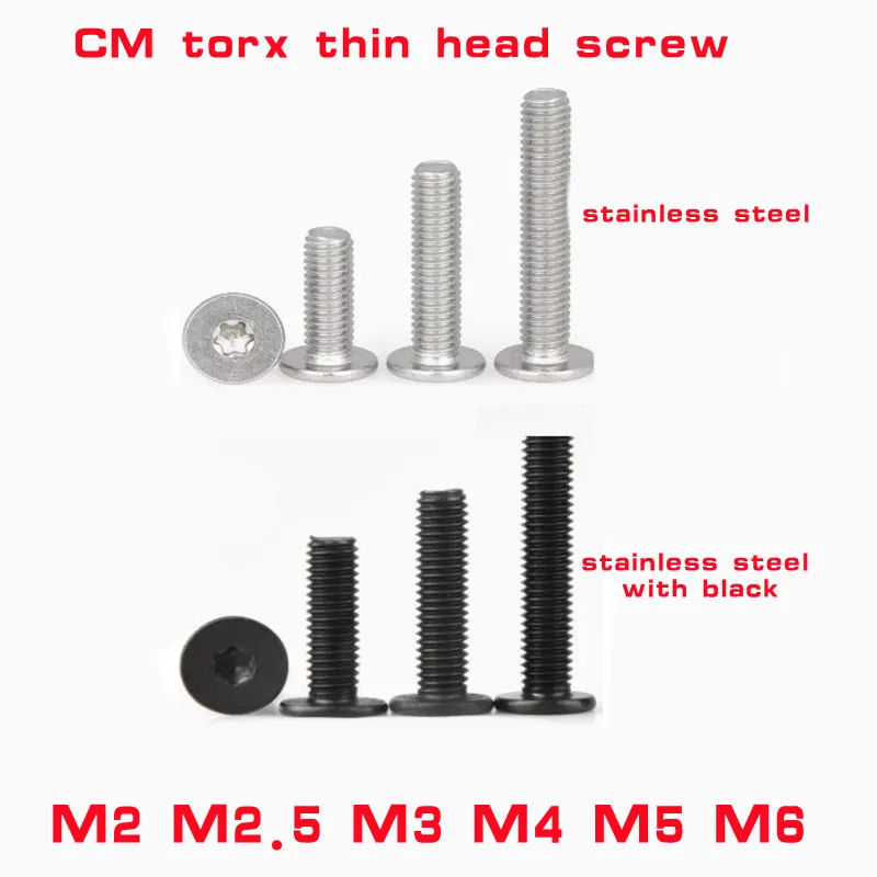 10/50X CM M2 M2.5 M3 M4 M5 M6 304 A2 Stainless Steel with black Torx Six-Lobe Ultra Thin Flat Wafer Head Screw Bolt