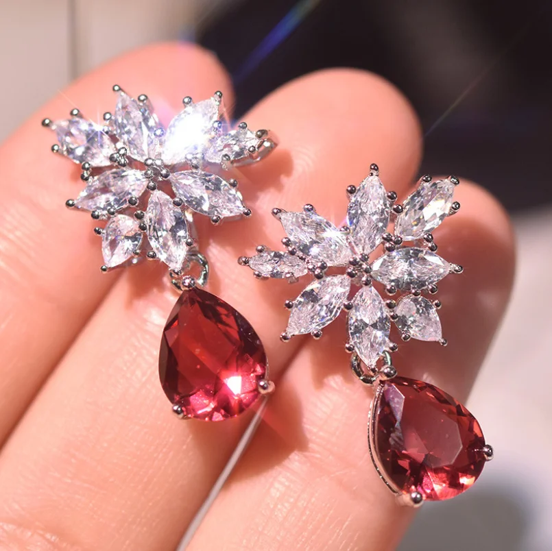 

ANGLANG Dainty Flower Earrings with Red Cubic Zirconia Delicate Girls Accessories Party Fashion Women's Stud Earrings Jewelry