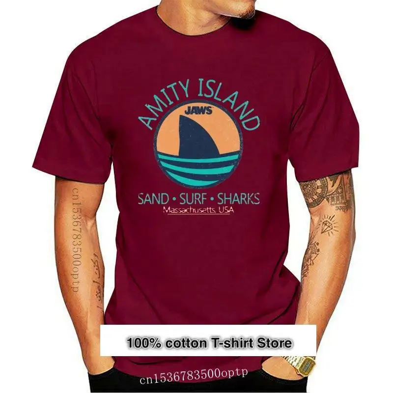 

Camiseta blanca de manga corta de algodón para hombre, Camiseta con cuello redondo de tiburón y arena de Amity Island