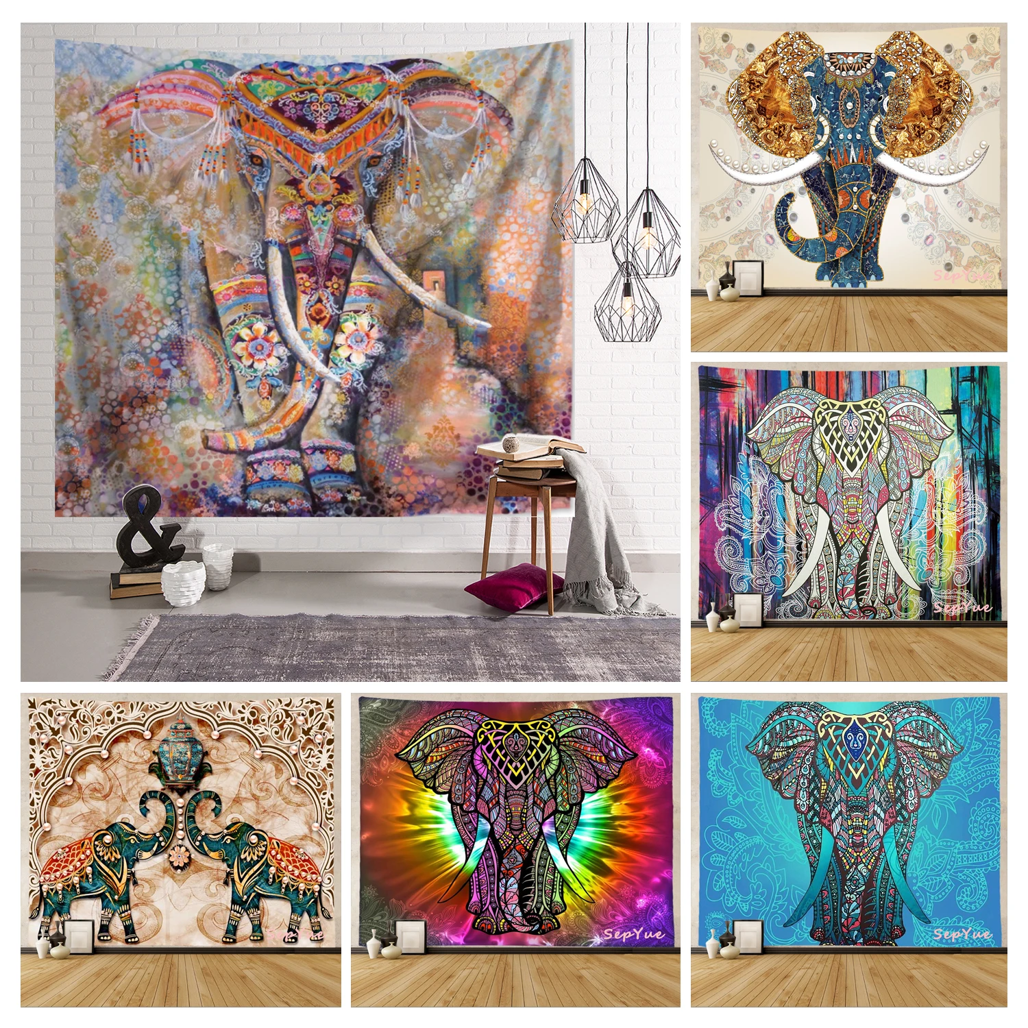 SepYue Colored Elephant Bohemia Tapestry Indian Style Wall Hanging Printing Decor