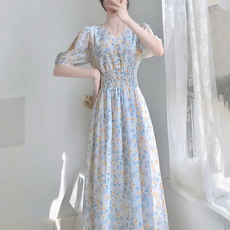 

2022 Spring Summer Fashion V-neck Chiffon Floral Dress Long Sleeve Sweet High-waist A-line Dress Women's Korean Elegant Dress