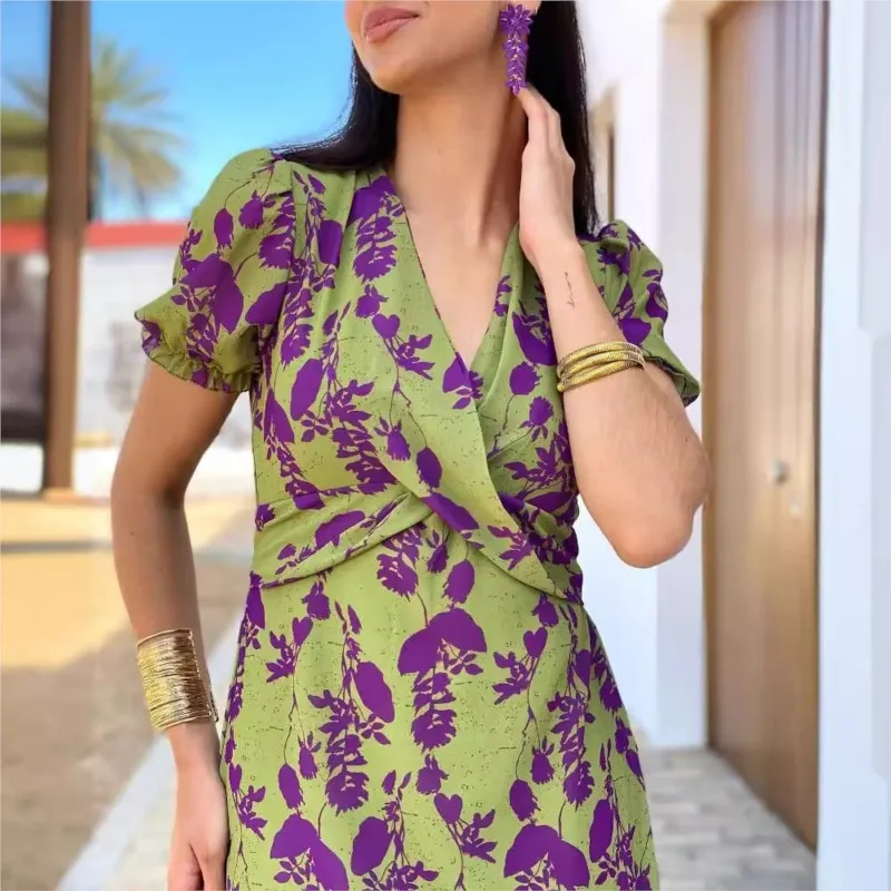Лето 2024 женское платье миди со шнуровкой и принтом модное с v-образным вырезом