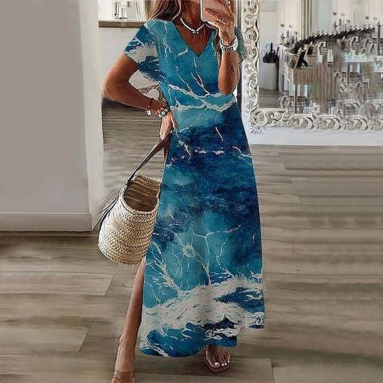 

Summer Casual Loose Long Dress Women 2022 Bohemian Short Sleeves 3D Print Ladies Slit Midi Dress Female Vintage Beach Dress