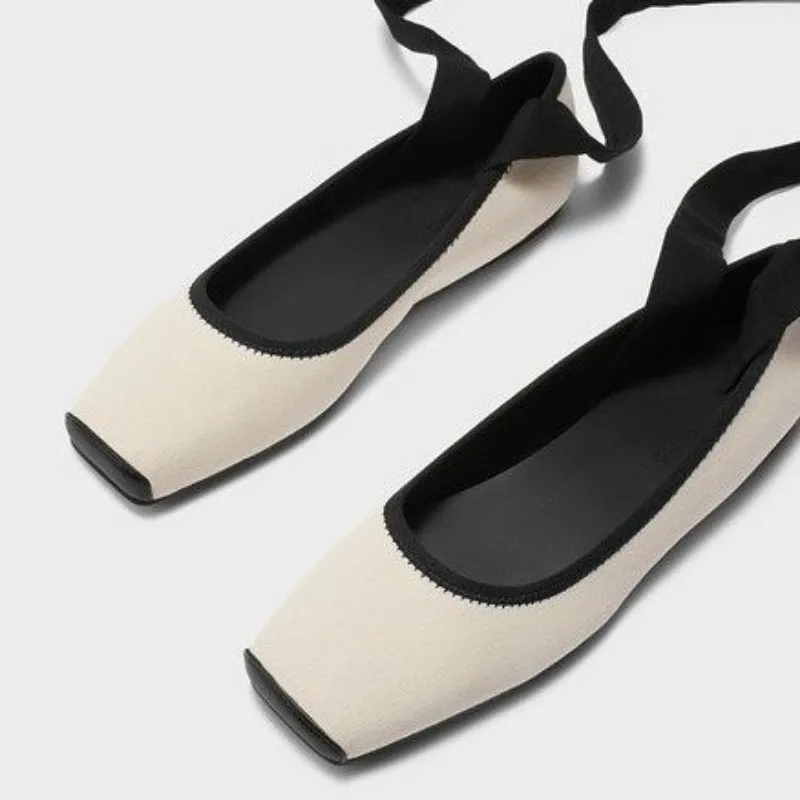 Soft Sole Ballet Shoes Cross Strapping Flat Heel Soft Sole Square Toe Single Shoes Women's French Temperament Color Contrast
