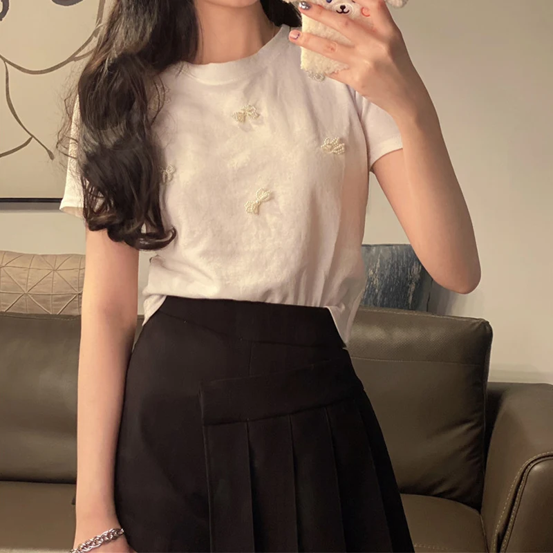 

7393 2022 new trendy pure wind heavy industry beaded bow design short-sleeved T-shirt