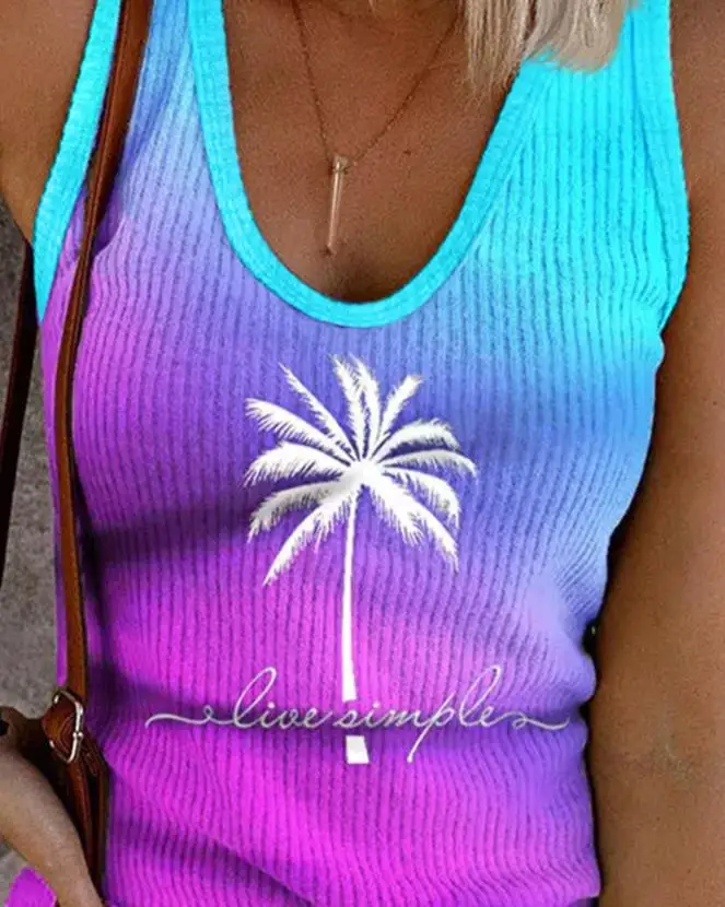 

New Fashion 2023 Casual Summer Sleeveless Coconut Tree Letter Print Ombre Tank Top T-Shirts Pullover Tops