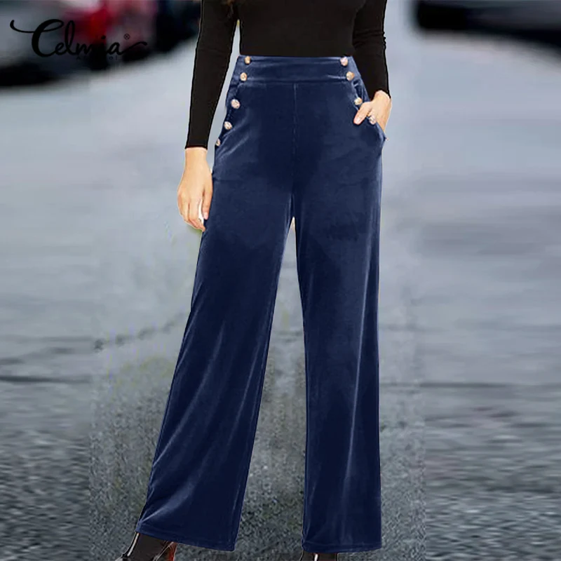 

Celmia Autumn Vintage Flannel Long Pants 2022 Fashion High Waist Pocket Trousers Casual Office Lady Decorative Buttons Slacks