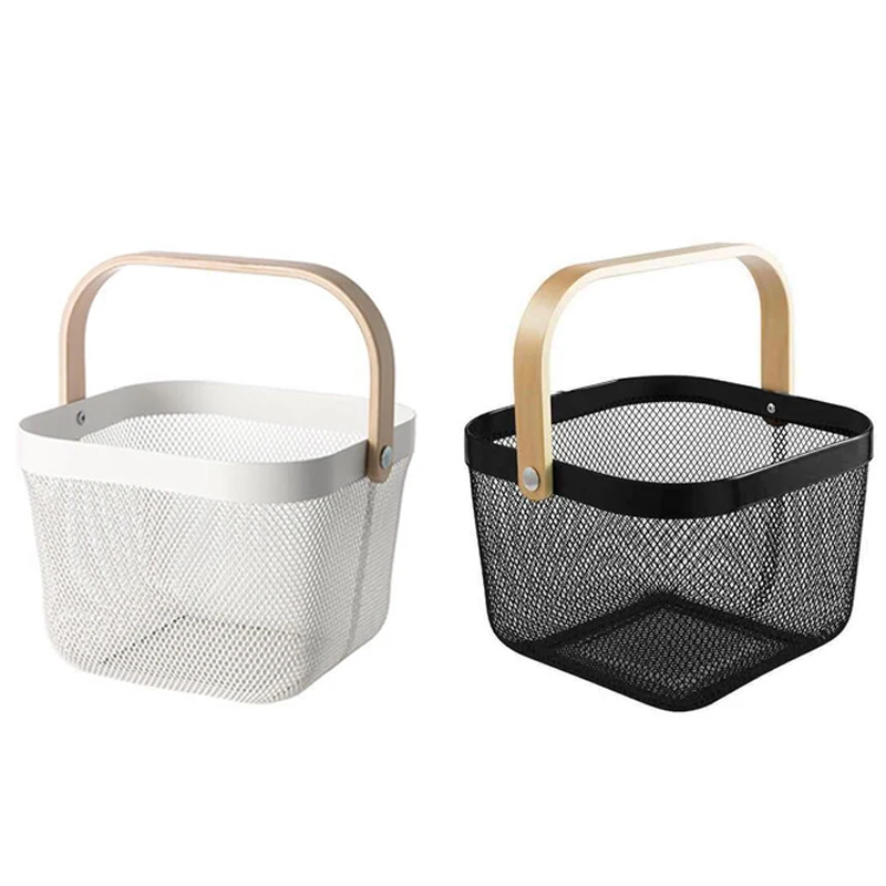 

2 Pcs Candy Colors Storage Basket Wood Handle Fruit Vegatable Basket Etal Mesh Storage Bag Basket Organizer