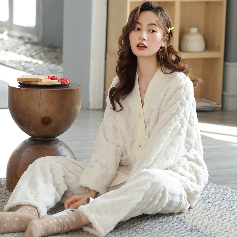 Комплект из двух предметов для женщин Фланелевая пижама осень и зима штаны с