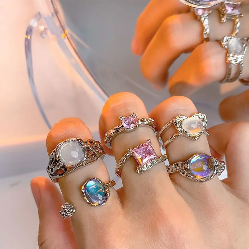 Korean Crystal Ring for Women Shining Opal Irregular Open Rings Vintage Geometric Y2K New Trendy Creative Finger Jewelry