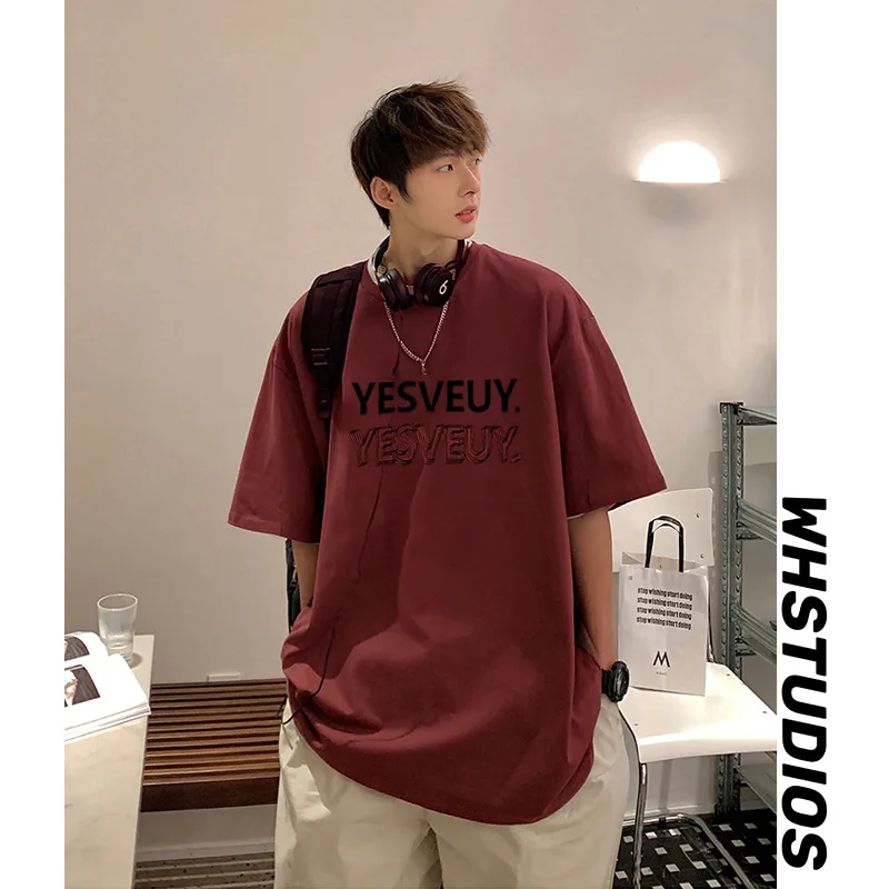 

Burgundy heavy T-shirt men's summer retro plus-size short-sleeved ins trendy brand loose five-and-a-half sleeve couple trend