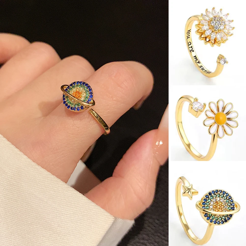 

Fashion Crystal Sunflower Rings For Women Rotatable Anti Stress Anxiety Zircon Adjustable Ring You Are My Sunshine Jewelry Gifts