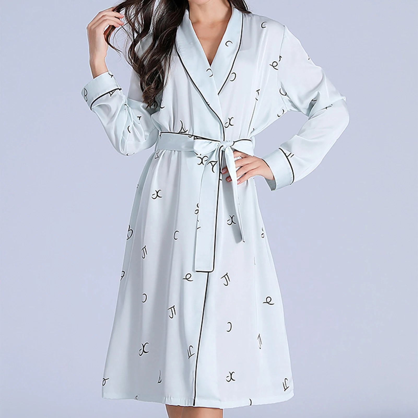 Spring Summer Silk Nightdress Mid-Length Women's Bathrobe Long Sleeve Nightclothes