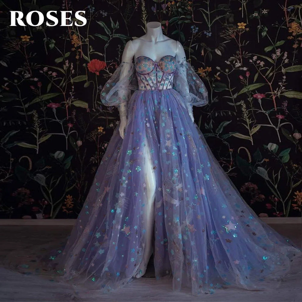 

Тюлевые платья для выпускного с вышивкой в виде роз, лаванды, звездная вышивка, с пышными рукавами, с высоким разрезом, трапециевидные блестящие платья, деловые платья для вечеринки