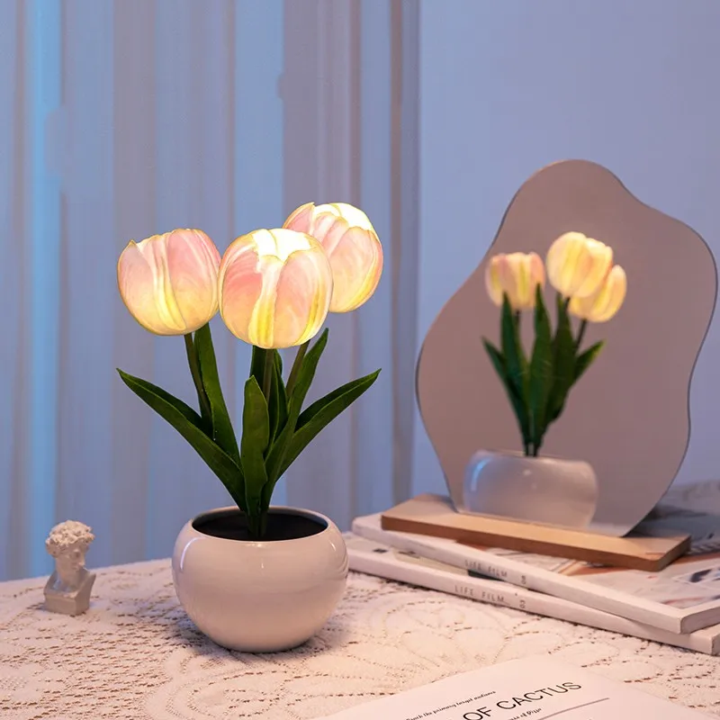 LED Tulip Night Light Simulation Flower Ambient light Home Decor Atmosphere LampTable lamp Potted Gift for Office/Room/Bar/Cafe