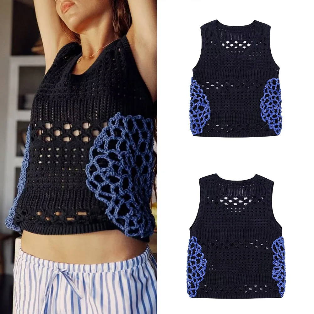 

PB&ZA spring and autumn new women's fashion round neck personality chic crochet stitching knitted vest 0021034