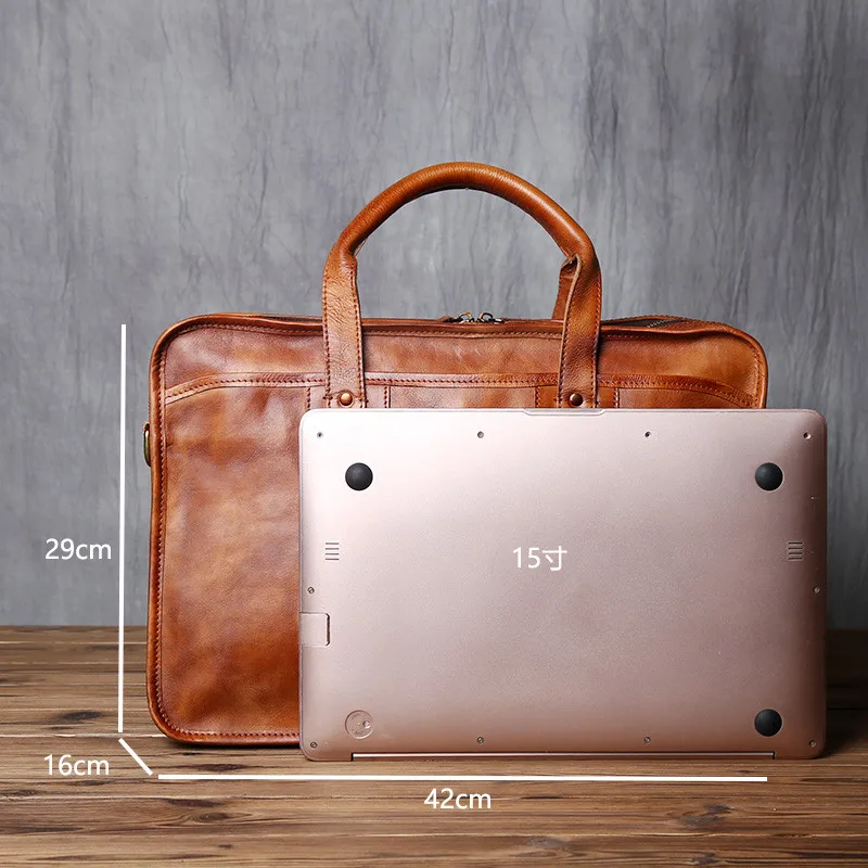 Vintage fashion designer first layer cowhide Man 15 inch briefcase genuine leather office lawyer work large capacity handbag