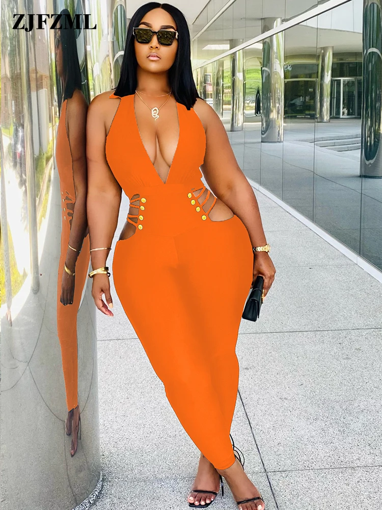 

Street Style Sexy Skinny Jumpsuit for Women Halter V-neck Hollow Out Sleeveless Open Back Long Romper Spring One Piece Overalls