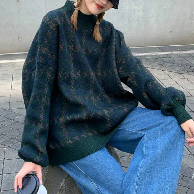 

2021 Autumn New Female Korean Fashion Houndstooth Knitted Pullovers Vintage Short Loose Red Outerwear Plaid Sweaters Casual Tops