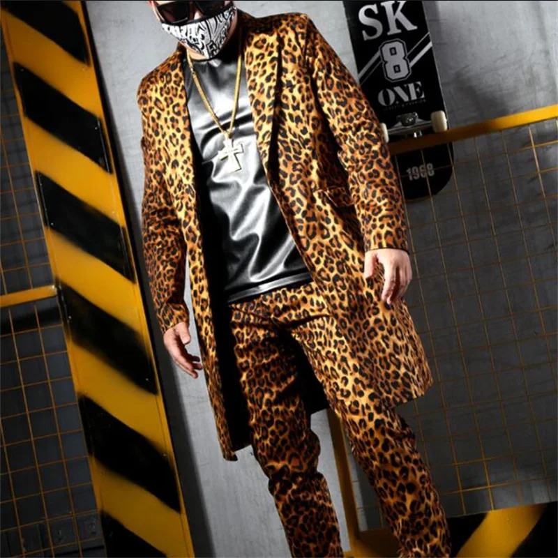 Yellow Leopard blazer men suits designs jacket mens Mid-length coat stage costumes for singers clothes dance star style dress