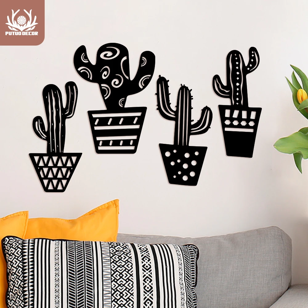 

Putuo Decor 4Pcs Wooden Wall Art Frameless Cactus Black Nature Home Wall Art Decor Good Quality Living Room Bedroom Decoration