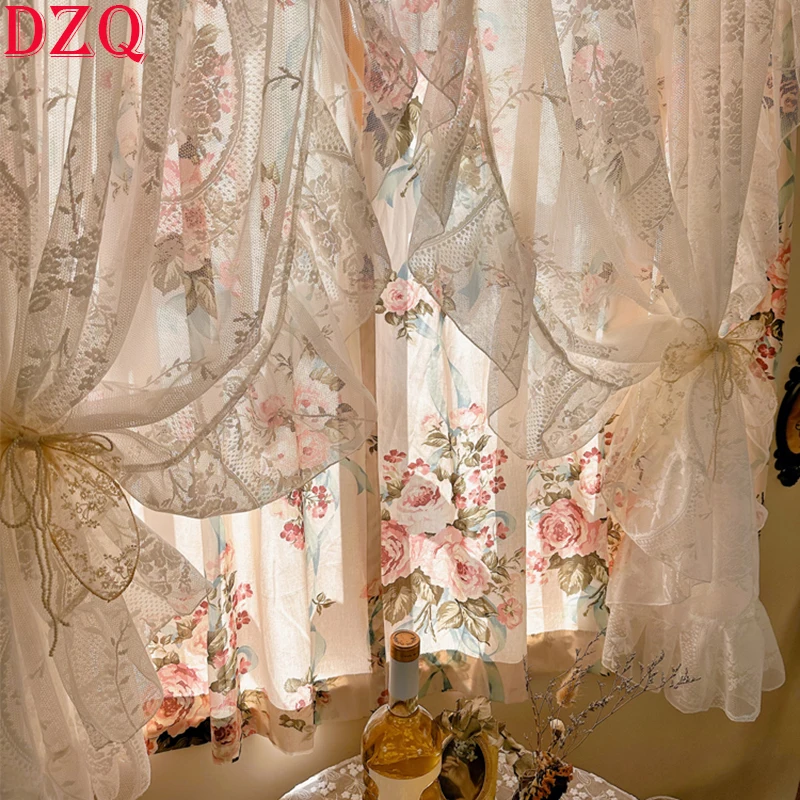 

Двухслойные идиллические французские романтичные шторы с цветами, ткань для гостиной, кружевные тюлевые шторы с оборками для кухни # A461