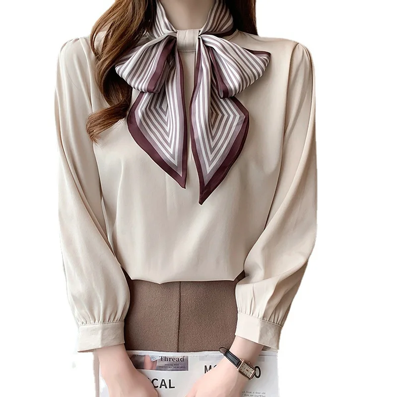 New 2022 Office Shirt Womens Blouses Bow Vintage Work Casual Tops Chiffon Blouse Elegant Long Sleeve Loose Shirts