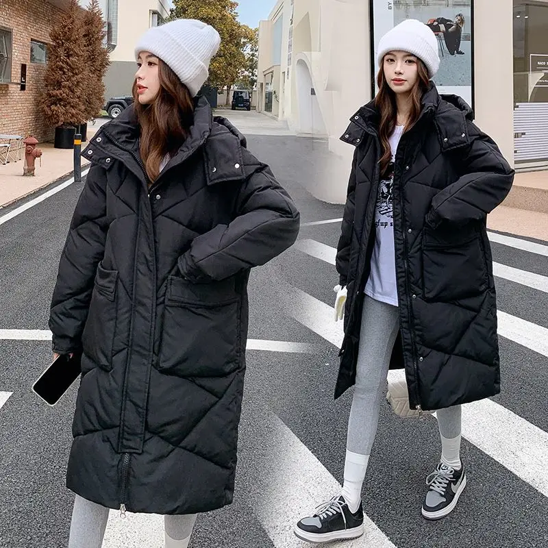 2023 Korean Jacket Women Winter X-long Parkas Solid Hooded Thicken Warm Female Snow Wear Coat Padded Loose Clothes Tops S81