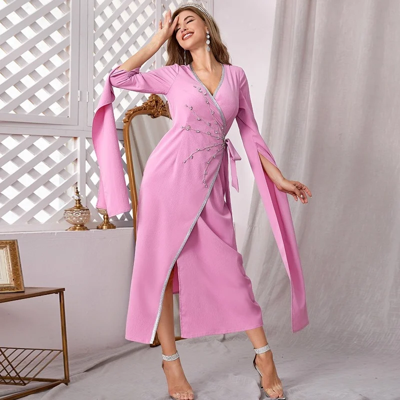 Abaya Muslim Dress Women With Diamond V Neck Cloak Sleeve Robe Summer New Fashion Solid Elegant Party Muslim Long Dress Vestidos
