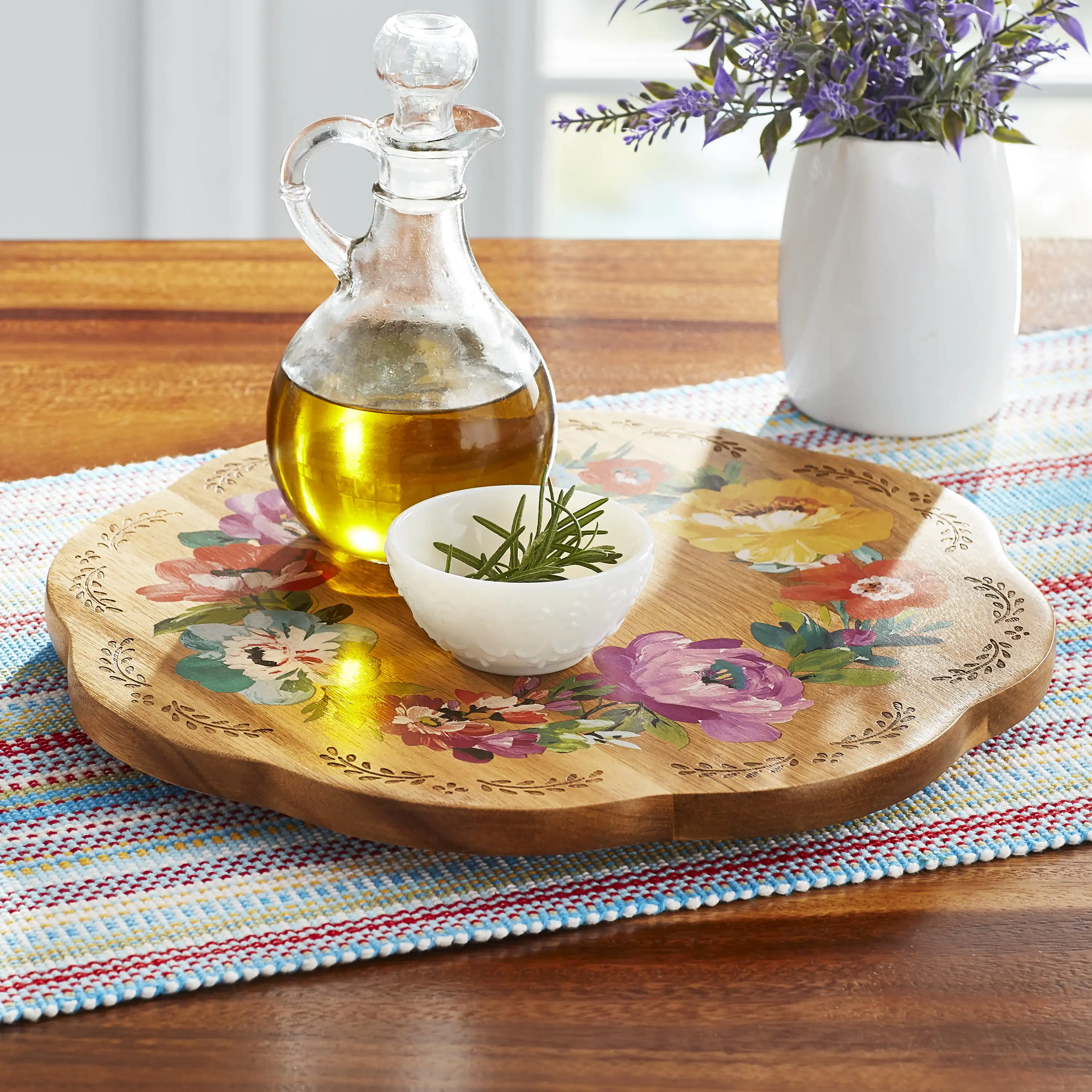 12-Inch Floral Wood Lazy Susan