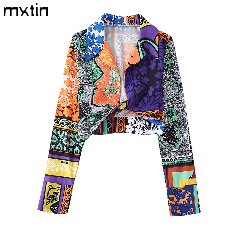 

2022 Women Spring Vintage Floral Print Cropped Blouses Fashion Lapel Collar Long Sleeve Zipper Female Shirts Casual Chic Tops