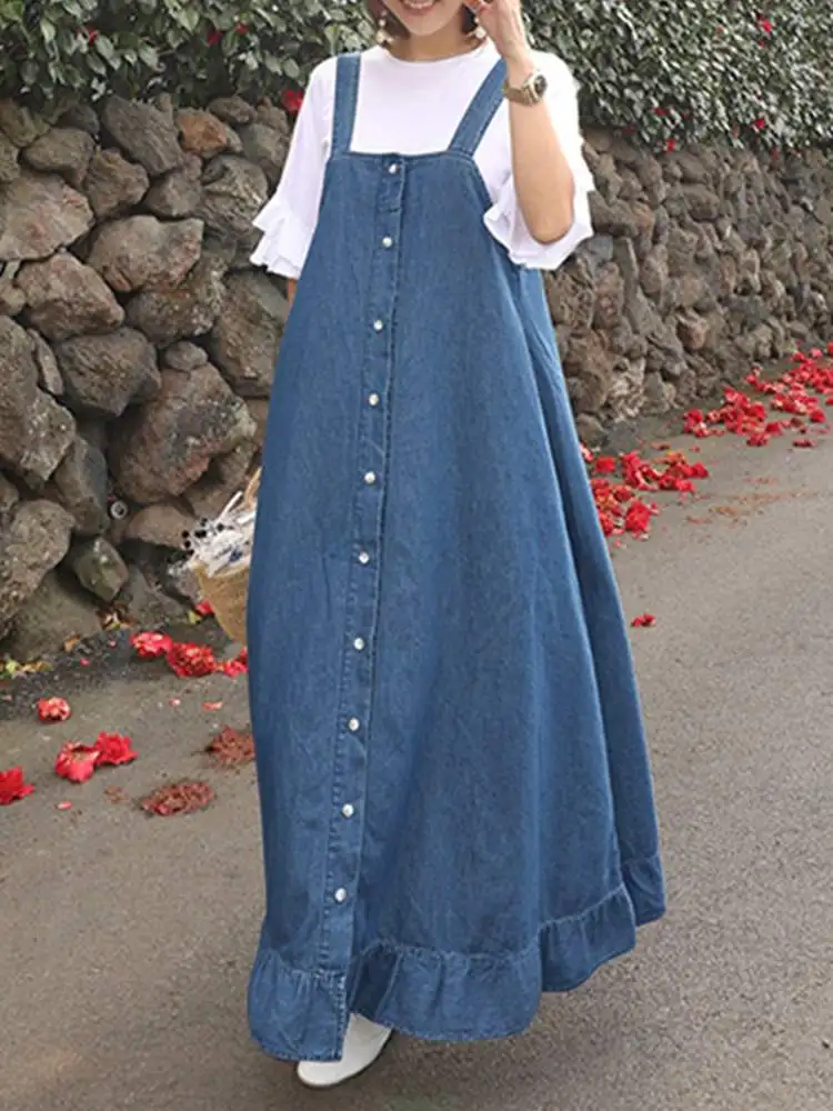 

Fashion Denim Blue Dress ZANZEA 2023 Autumn Sundress Women Casual Ruffles Dresses Summer Maxi Long Vestidos Female Jeans Robe