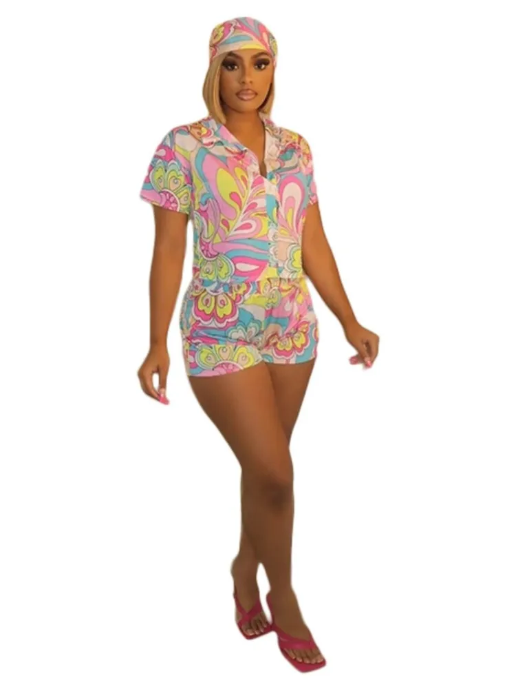 

Women Two Piece Shorts Sets Turn Down Collar Shirt Top And Shorts Suit 2022 Summer New Fashion Print Casual Matching Set Outfits