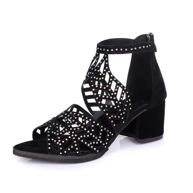 

2022 Shoes Women Summer Fashion Hollow Out Faux Leather Rhinestones Sandals Thick Heel Zipper Fish Sandals Shoes Zapatillas Muje