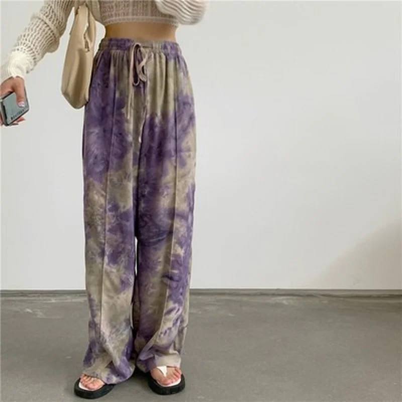 

Retro Tie Dye Lounge Pants for Women Oversized Y2k Loose Casual Wide Leg Pants Summer Lady High Waist Baggy Straight Trousers