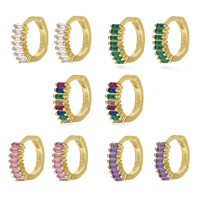 

Красочные серьги-кольца с кристаллами багета Нежное позолоченное серебро S925 Разноцветный кубический цирконий Маленький Ювелирные украшения Huggie Hoop Earrings в подарок для женщин