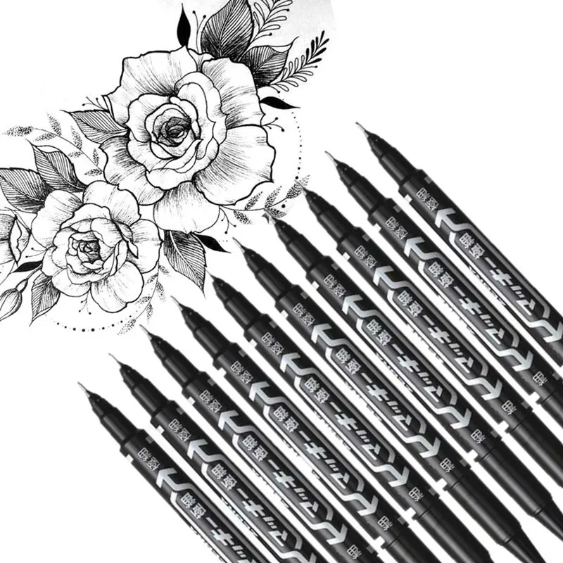 

10 Pcs/Set Waterproof Lettering Markers Dual Head Drawing Liner Black Ink Markers for Sketching Drawing Brush Pen Art Supplies