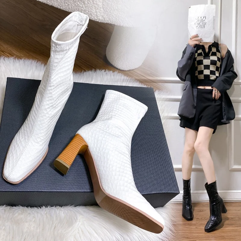 Women's Short Boots Autumn and Winter New Fashion Chunky High Heels 2023 Crocodile Pattern Leather Casual Women's Boots Femenino