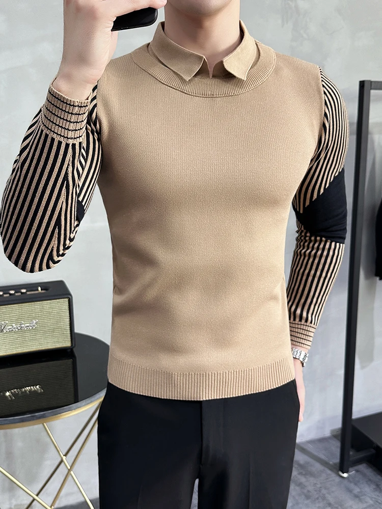 Поддельный двухсекционный свитер с воротником рубашки мужской длинными