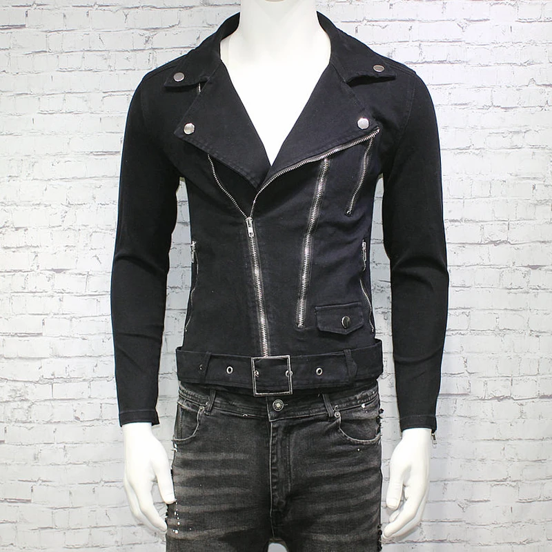 

men's fashion slim denim jacket zipper biker jacket coat black